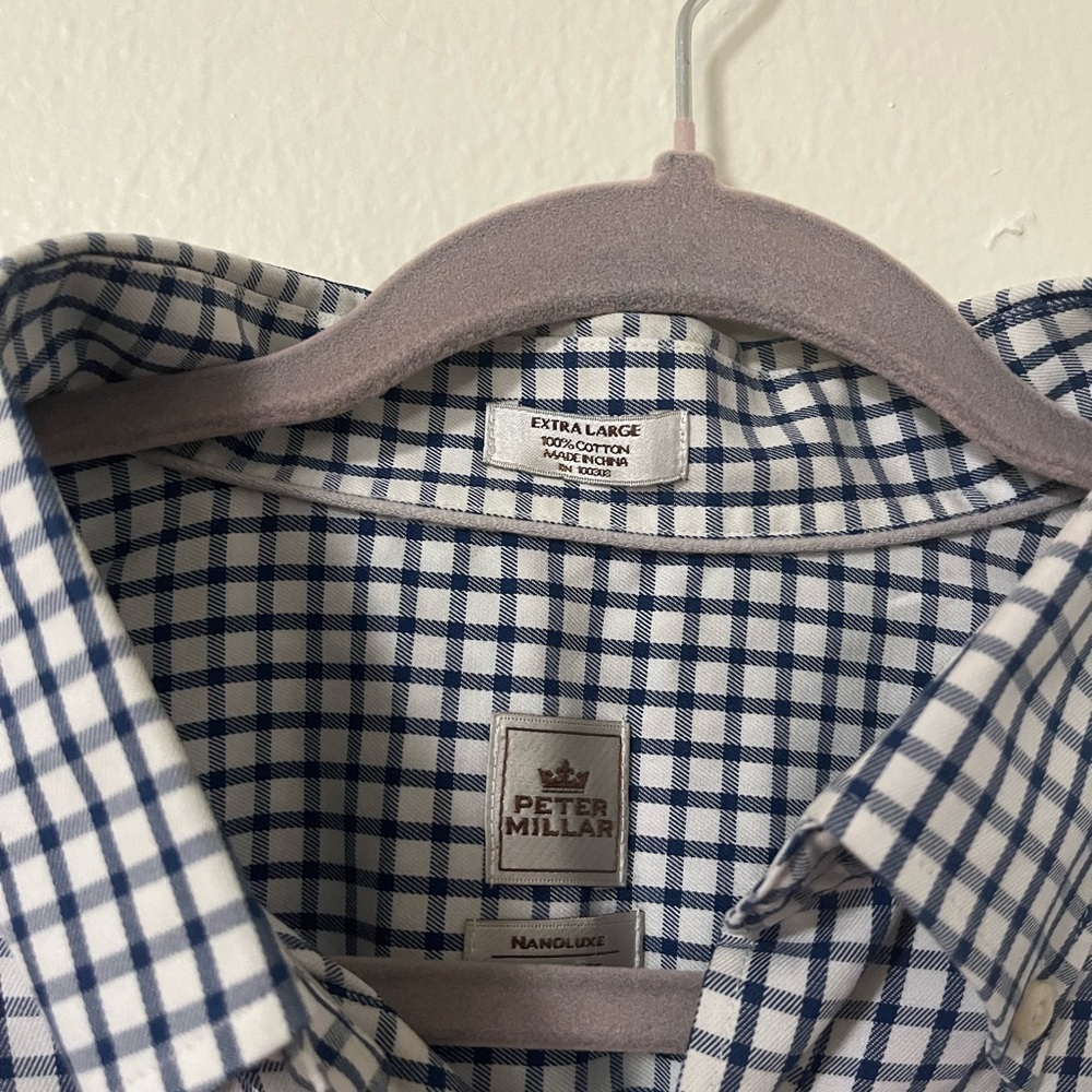 Peter Millar Nanoluxe 100% Cotton Blue and White plaid Dress Shirt Size XL - Picture 3 of 8